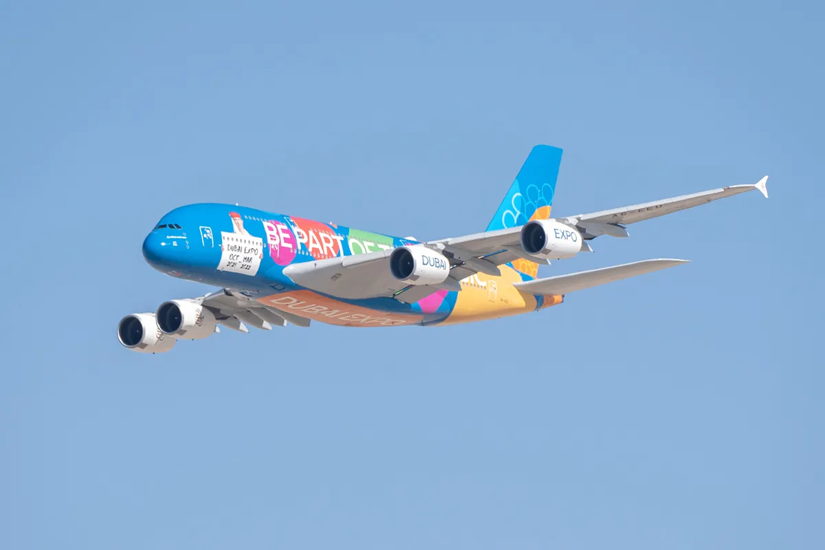 Multicoloured plane in the blue sky