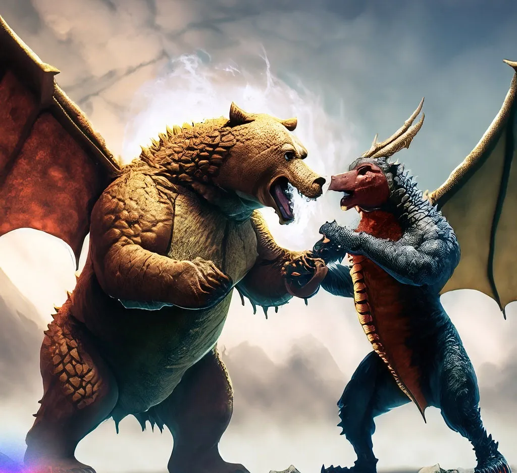 A bear fighting a dragon