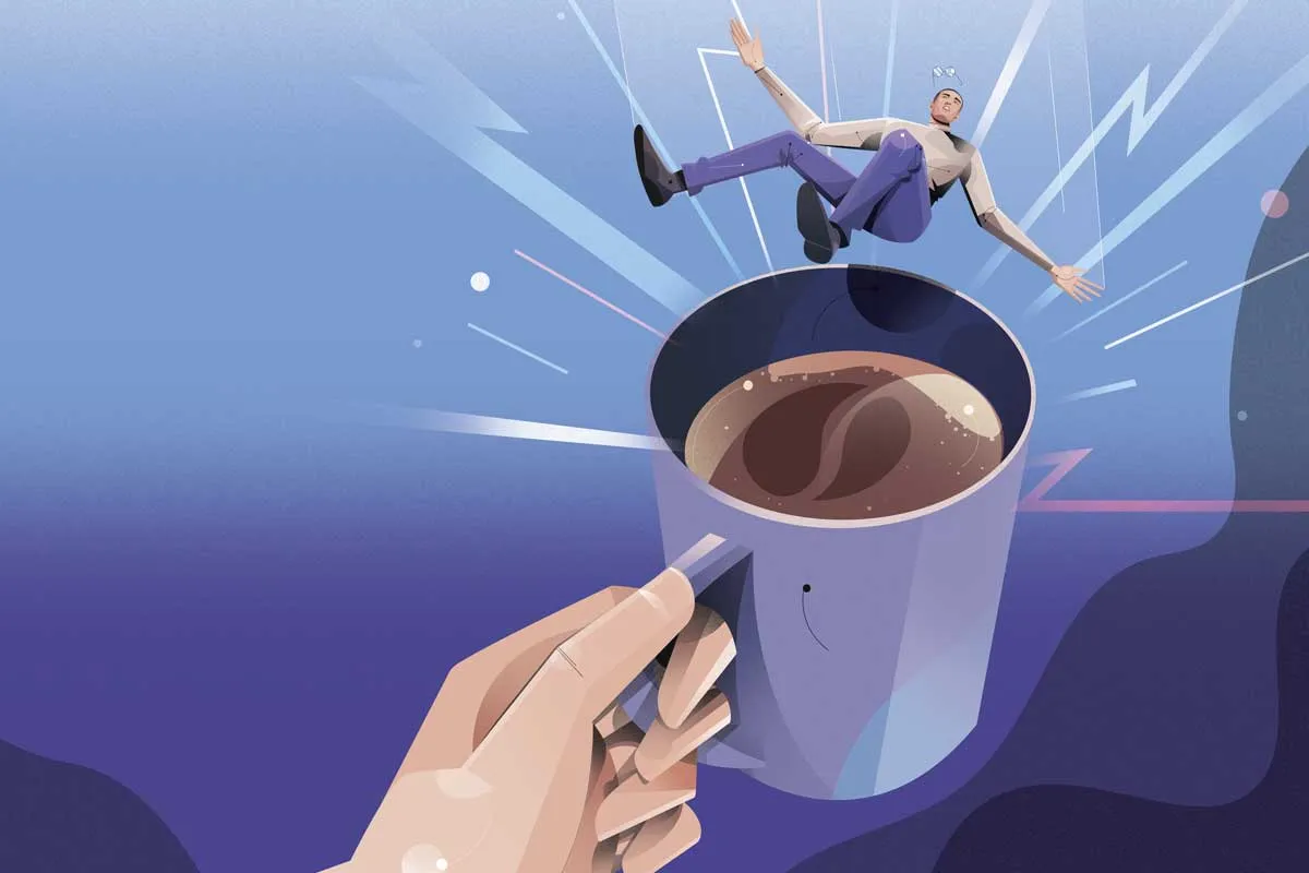 Man falling into large coffee mug