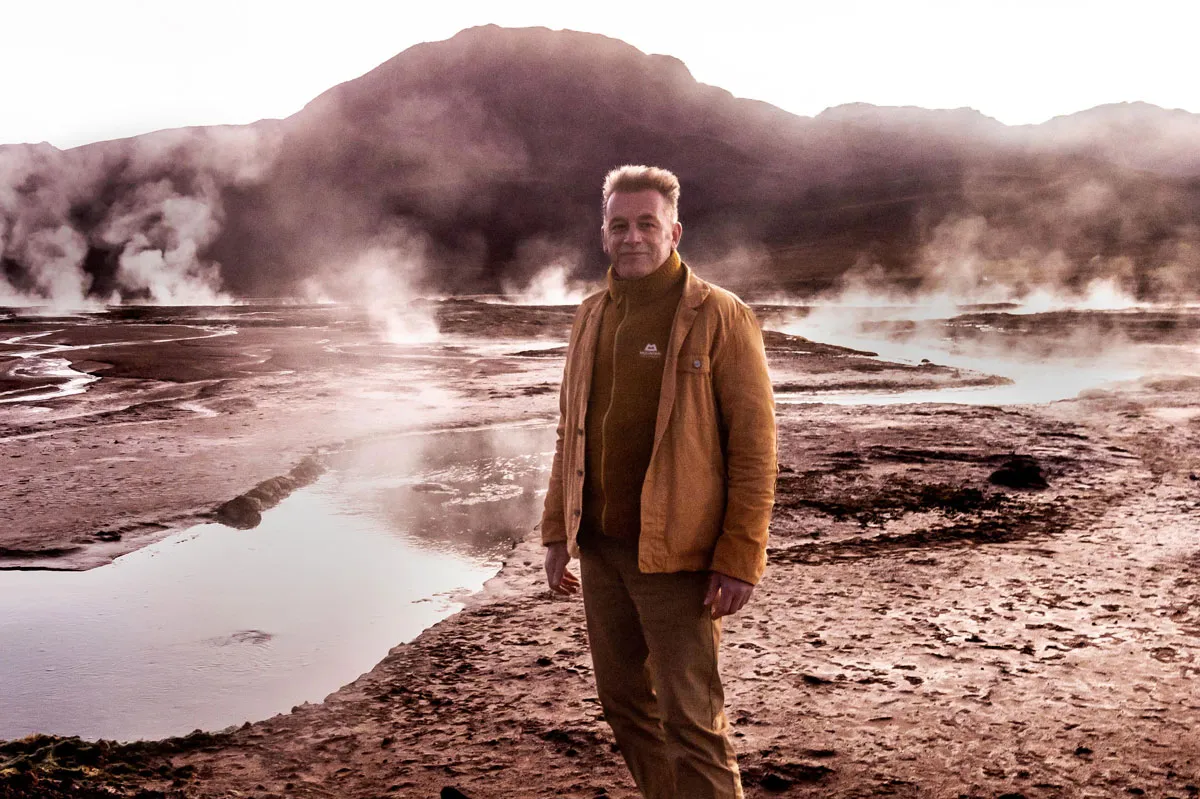 Chris Packham at El Tatio, one of the largest geyser fields in the world