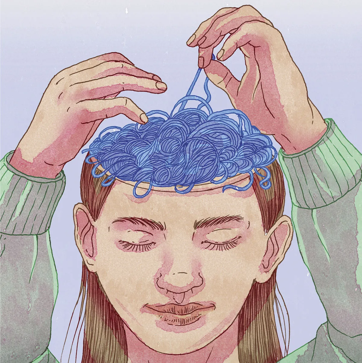 Woman untangling string in head