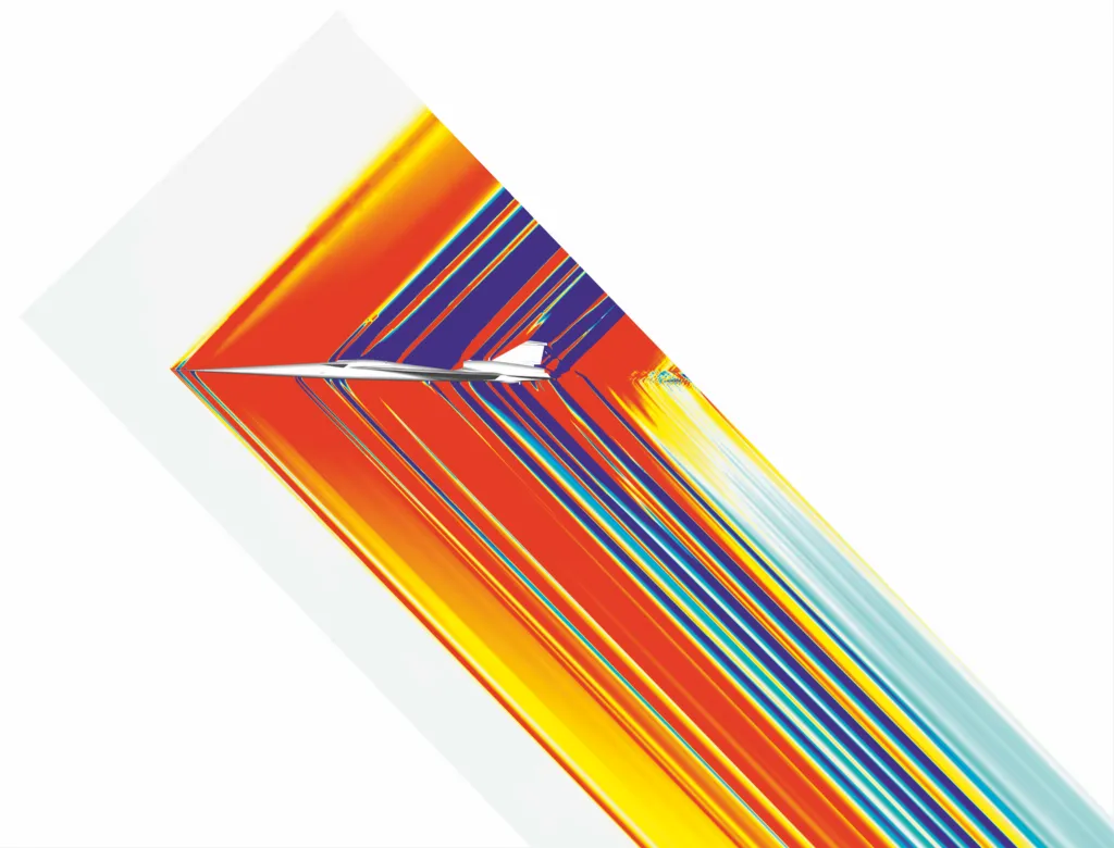 A colourful illustration of the shockwaves that pass through the air at supersonic speeds around an aircraft that cause the booms on the ground