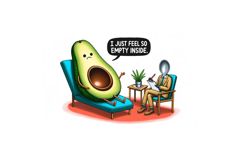 An AI-generated image of an Avocado missing its inside saying "I feel so empty inside"