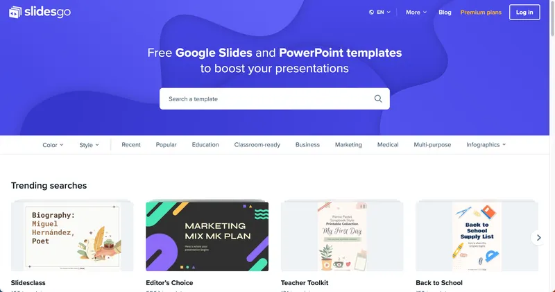 Desktop menu for Slidesgo with examples of Powerpoint templates