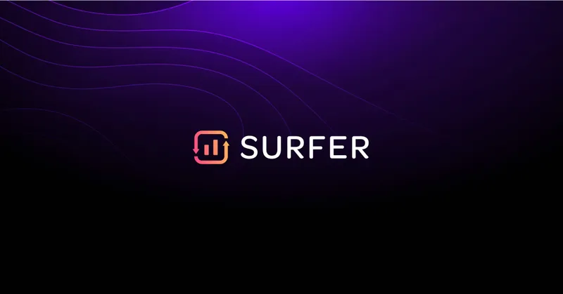 SurferSEO logo on black and purple background