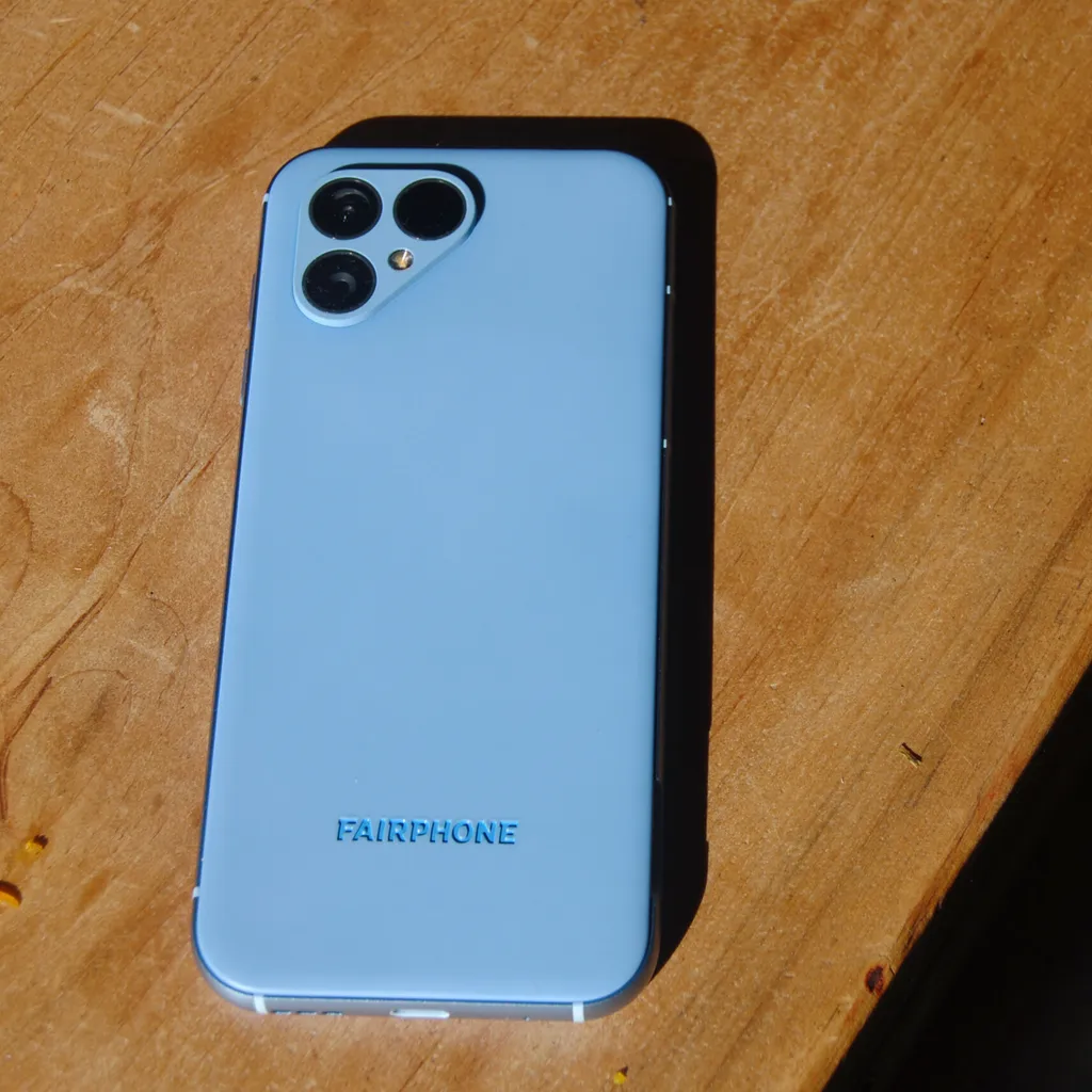 The Fairphone 5 lying on its front with a blue backing.