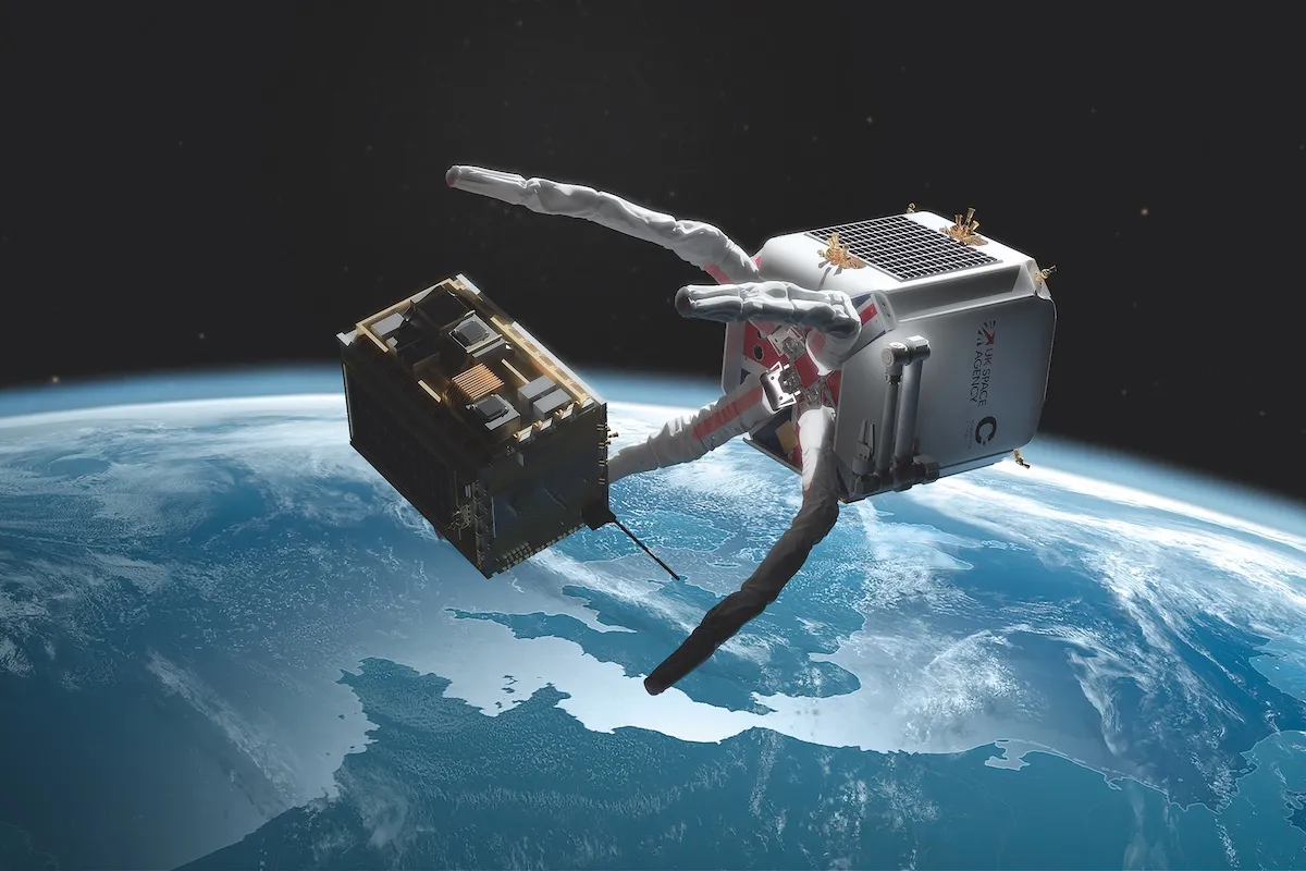 A satellite with arms approaching a smaller satellite.