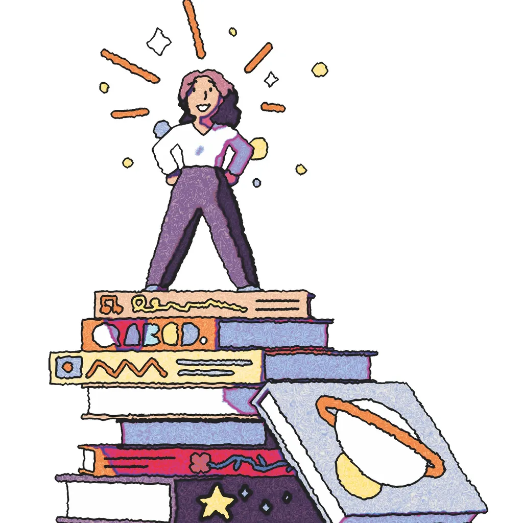 Illustration of woman standing on a pile of books