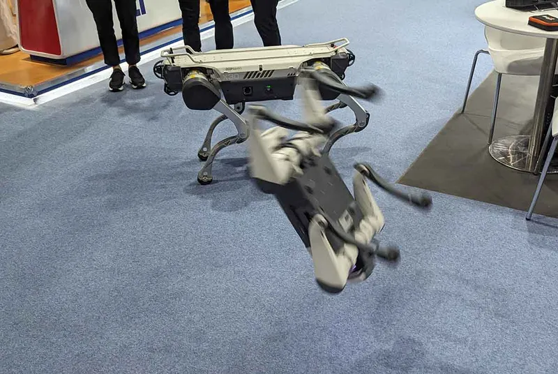 A white robot dog mid-flip with a larger robot dog stood behind