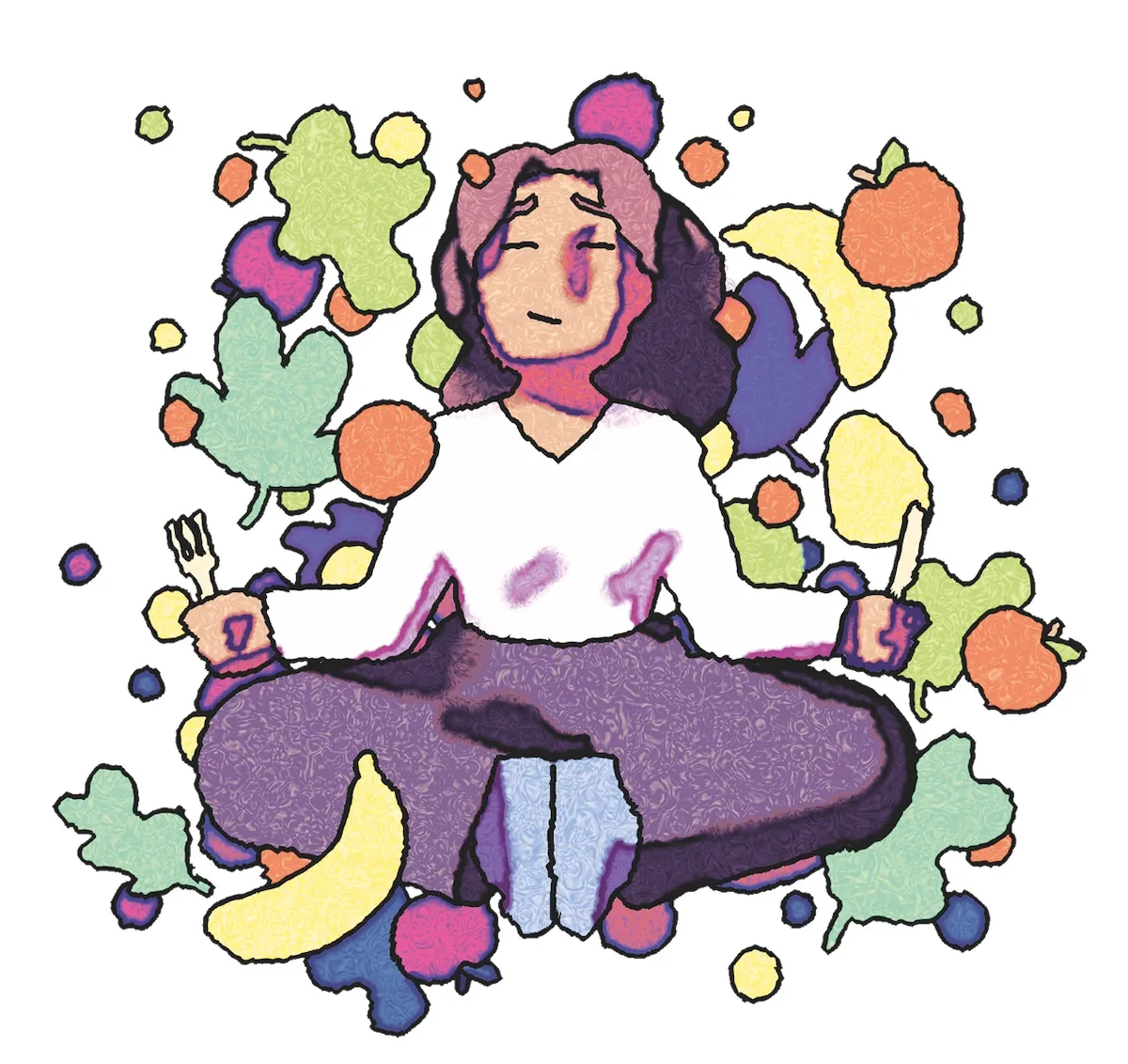 illustration of woman meditating surrounded by healthy food