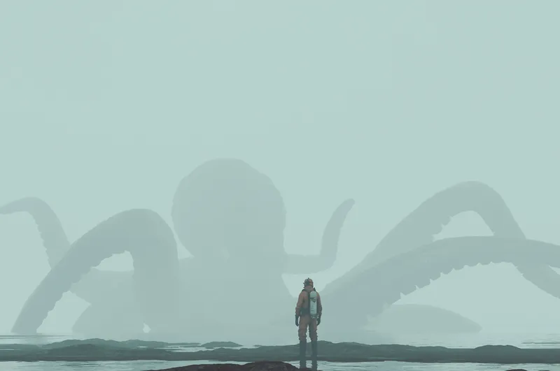 A man standing in front of a giant squid.