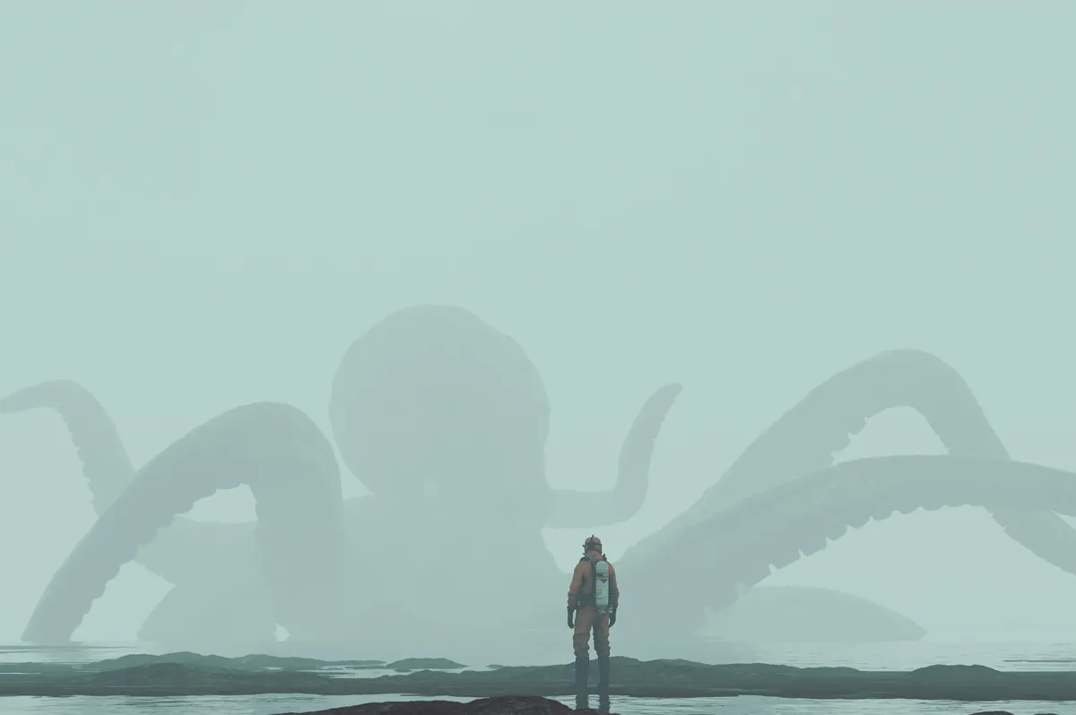 A man standing in front of a giant squid.