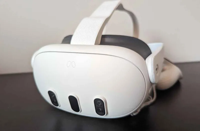 The Meta Quest 3 headset from the side.