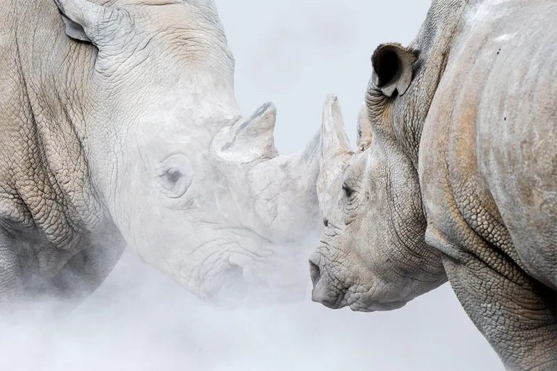 two white rhinos fight in cloud of dust