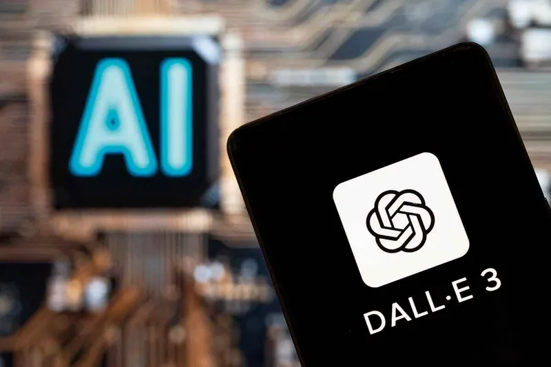 A smartphone held up with the Dall-E logo written on it, in the background is the word AI