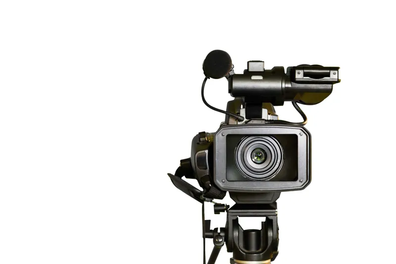 A black film camera against a white background