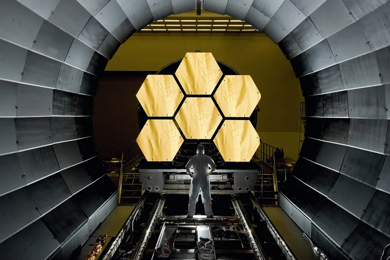 Six of the 18 mirrors that make up the array of the James Webb Space Telescope.