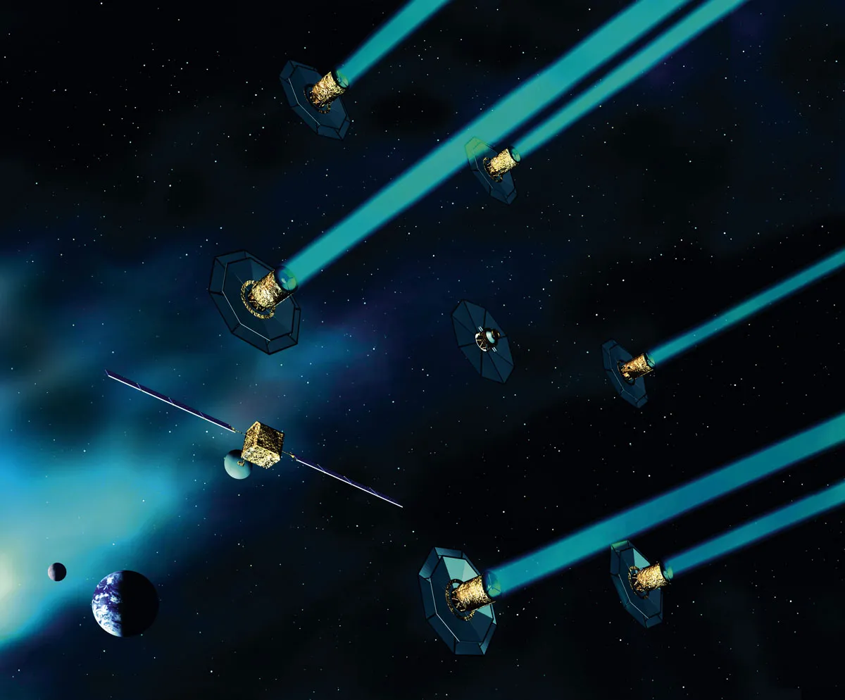 A series of space telescopes floating in space.