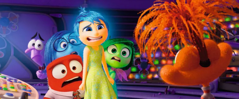 A scene from the animated film Inside Out, showing several brightly coloured characters resembling different emotions. Science in 2024 will be explored in culture and film.
