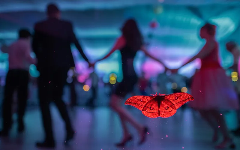 Red butterfly with dancers holding hands in background