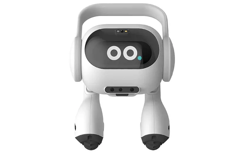 The LG robot on a white background. It has two small legs with wheels and a large head with two digital eyes.