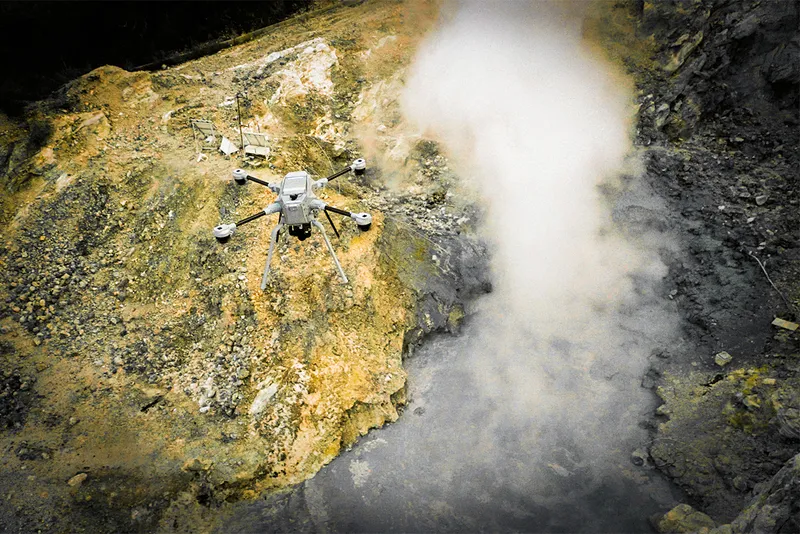 Drone flies over volcanic steam