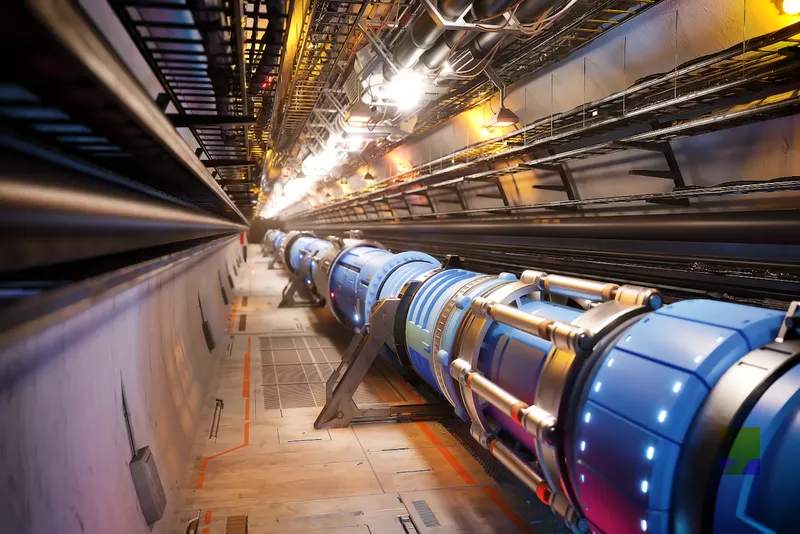 An artist's impression of what the new collider will look like. A tunnel underground with a large blue pipe running along it.
