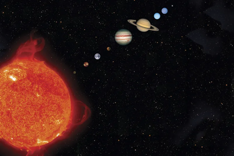 A map of the Solar System, with the large, red Sun in the bottom left and a line of planets extending out to the upper right.