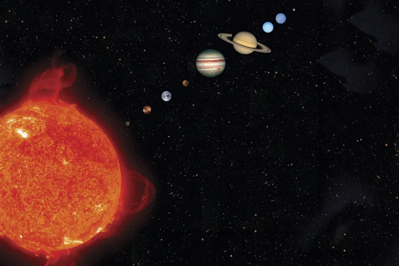 A map of the Solar System, with the large, red Sun in the bottom left and a line of planets extending out to the upper right.