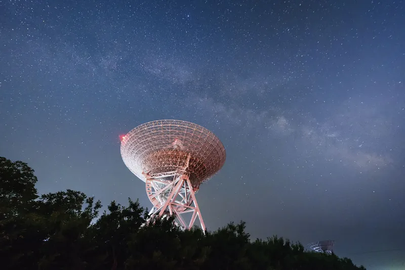 A large white radio dish pokes out above the tree line and looks up to the stars.
