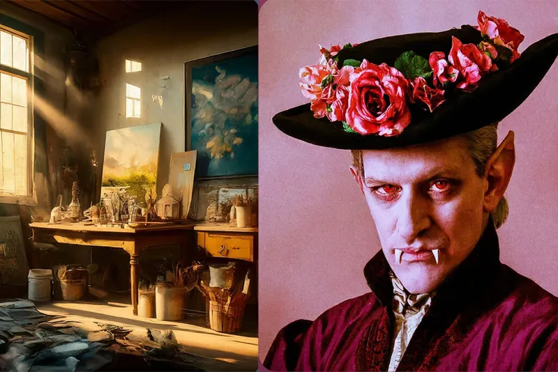 Two images generated by ImageFX. On the left is a room with an art desk, on the right a painting of a vampire