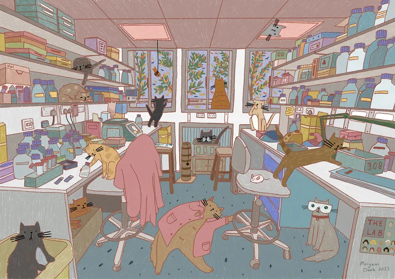 drawing of science lab full of cats