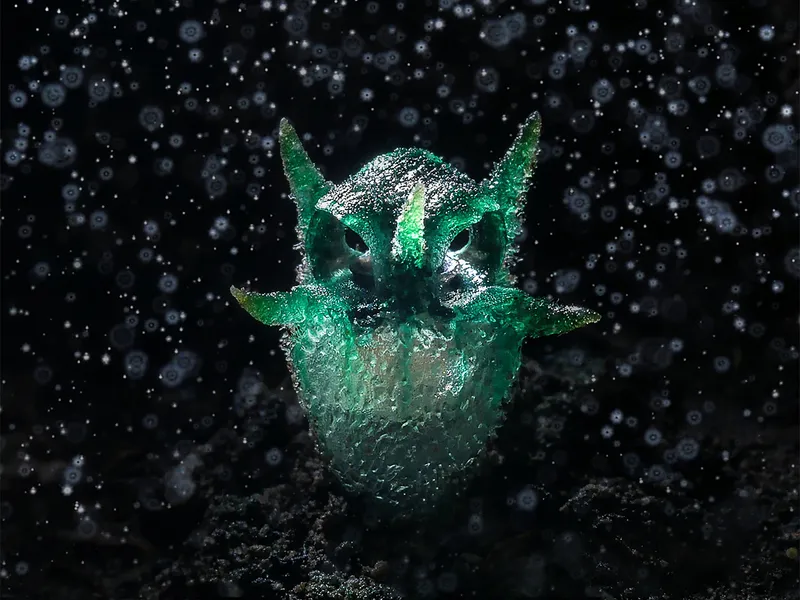 Green creature with horns and wings.