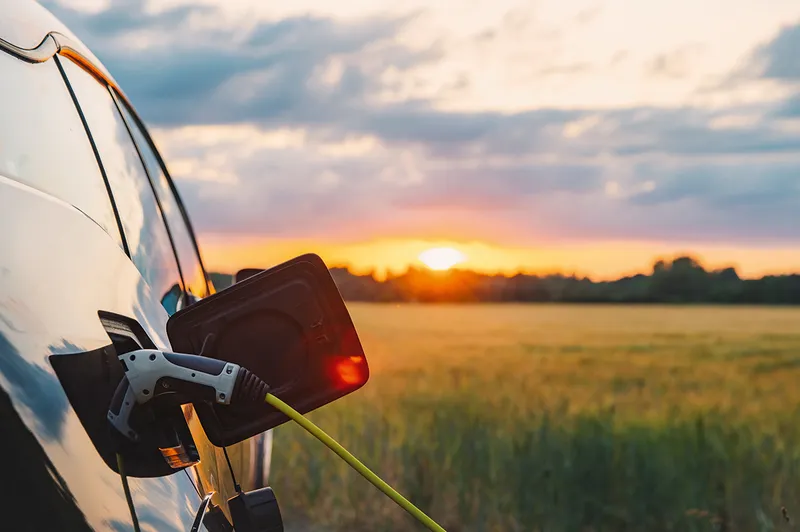 Electric car plugged in to a charger with a sun setting in background
