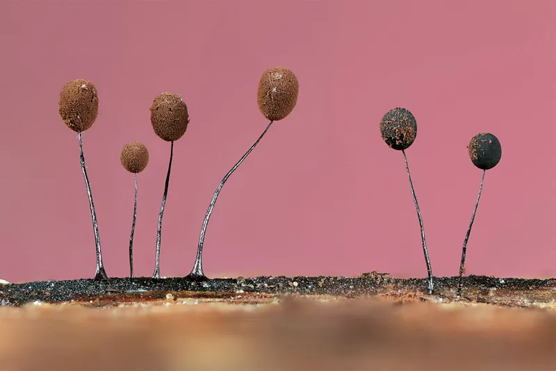 tiny slime moulds against pink background