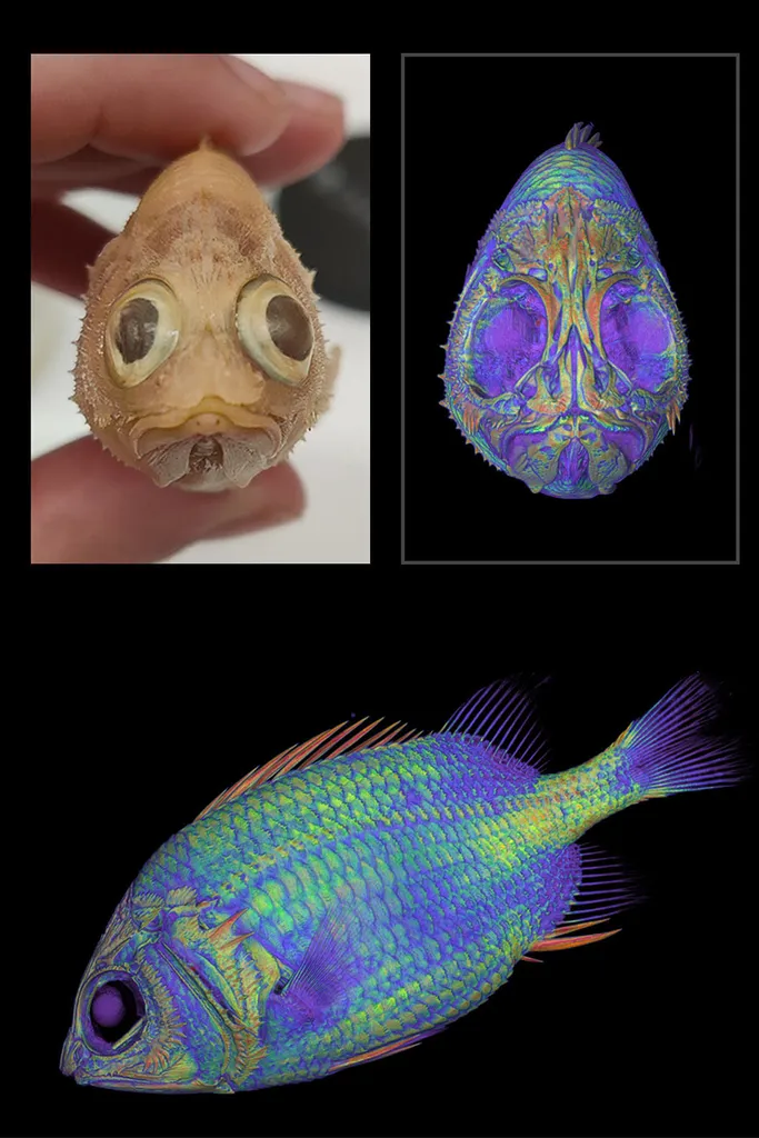 image split in three. top left holding fish, top right and bottom image fish scan in colour
