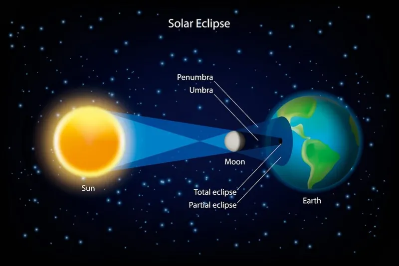 A diagram depicting how a solar eclipse is caused by the Moon blocking out the Sun
