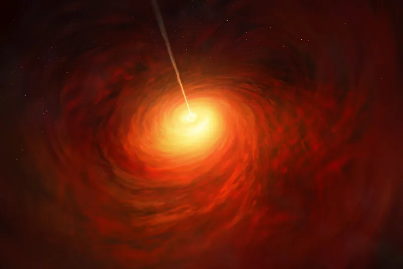 This artist’s impression depicts the black hole at the heart of the enormous elliptical galaxy.