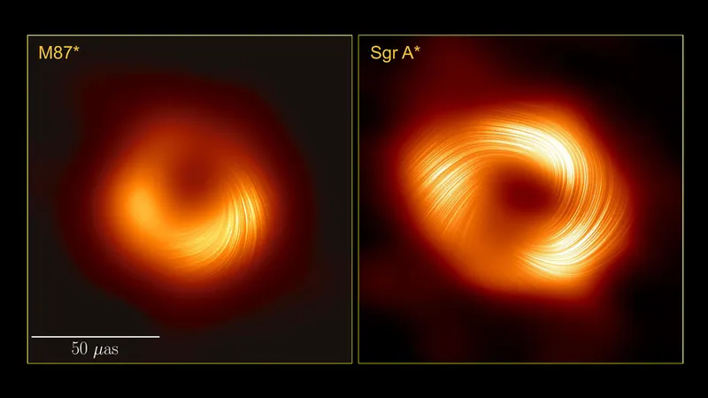 Side-by-side image of the supermassive black holes M87* and Sagittarius A*.