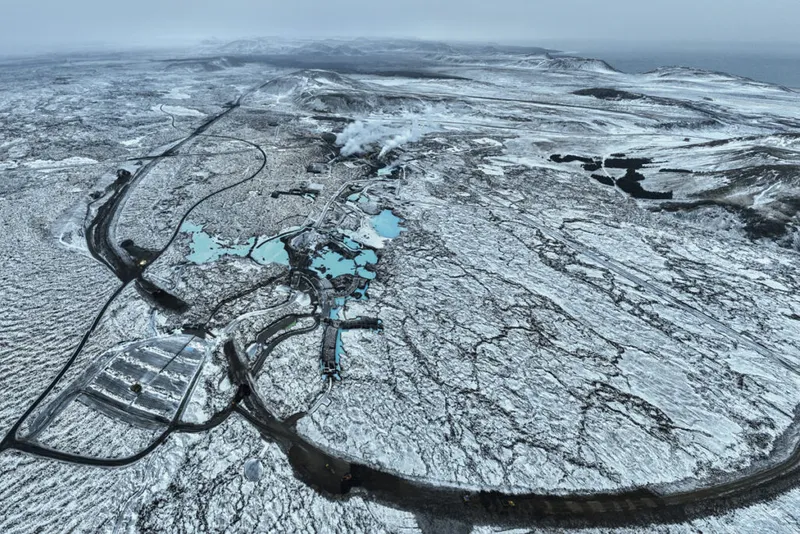 An aerial view of the Blue Lagoon in Iceland protected by newly constructed barriers.