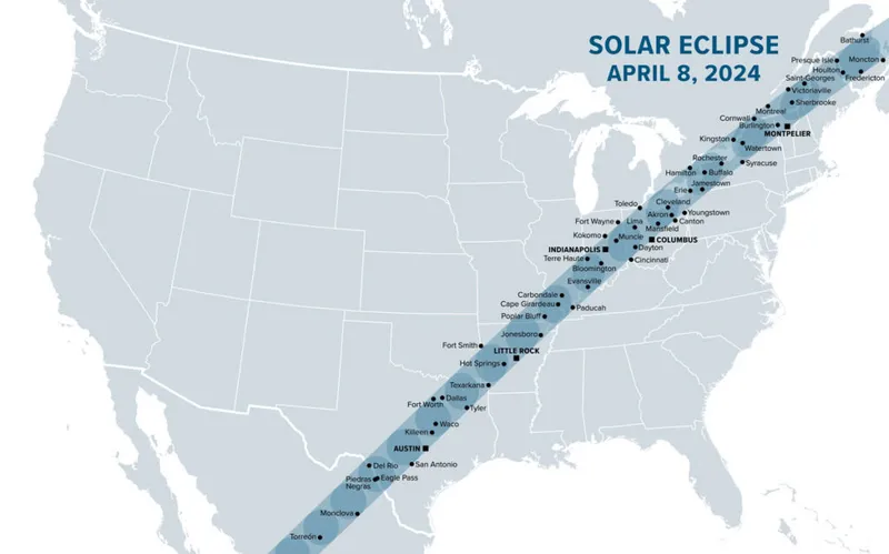 The path of totality of the Total Solar Eclipse 2024.