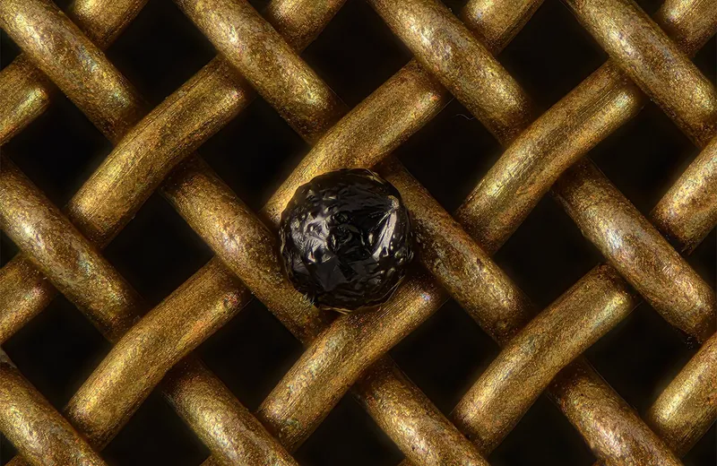 tiny black ball on brown net