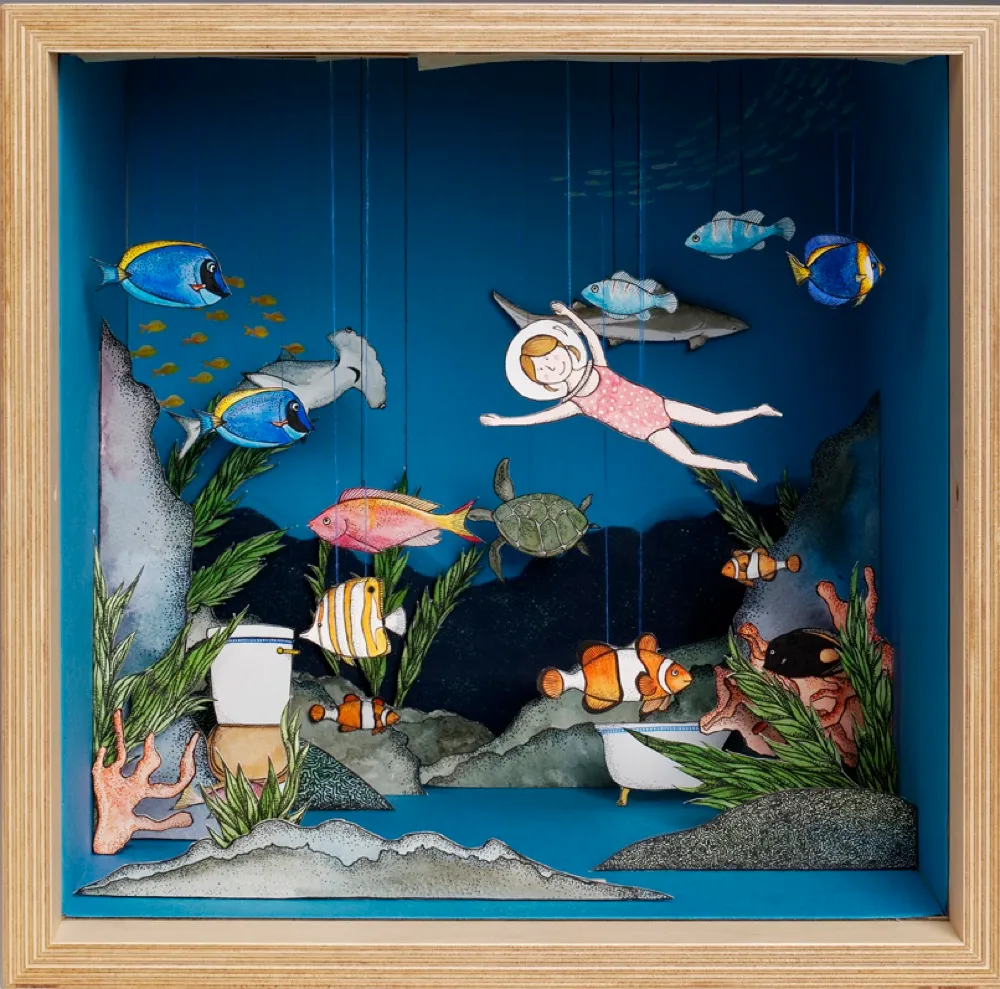 An underwater dolls house room featuring fish, sea creatures and a scuba diver