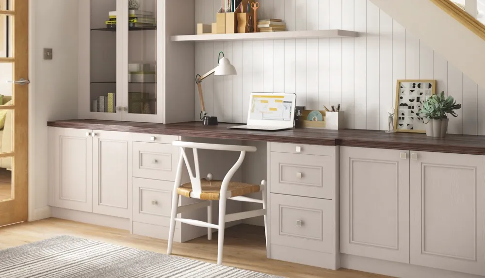 Fitted home-office furniture from the ‘Harpsden’ range in light praline with dark pine worktop, from £3,000, Hammonds