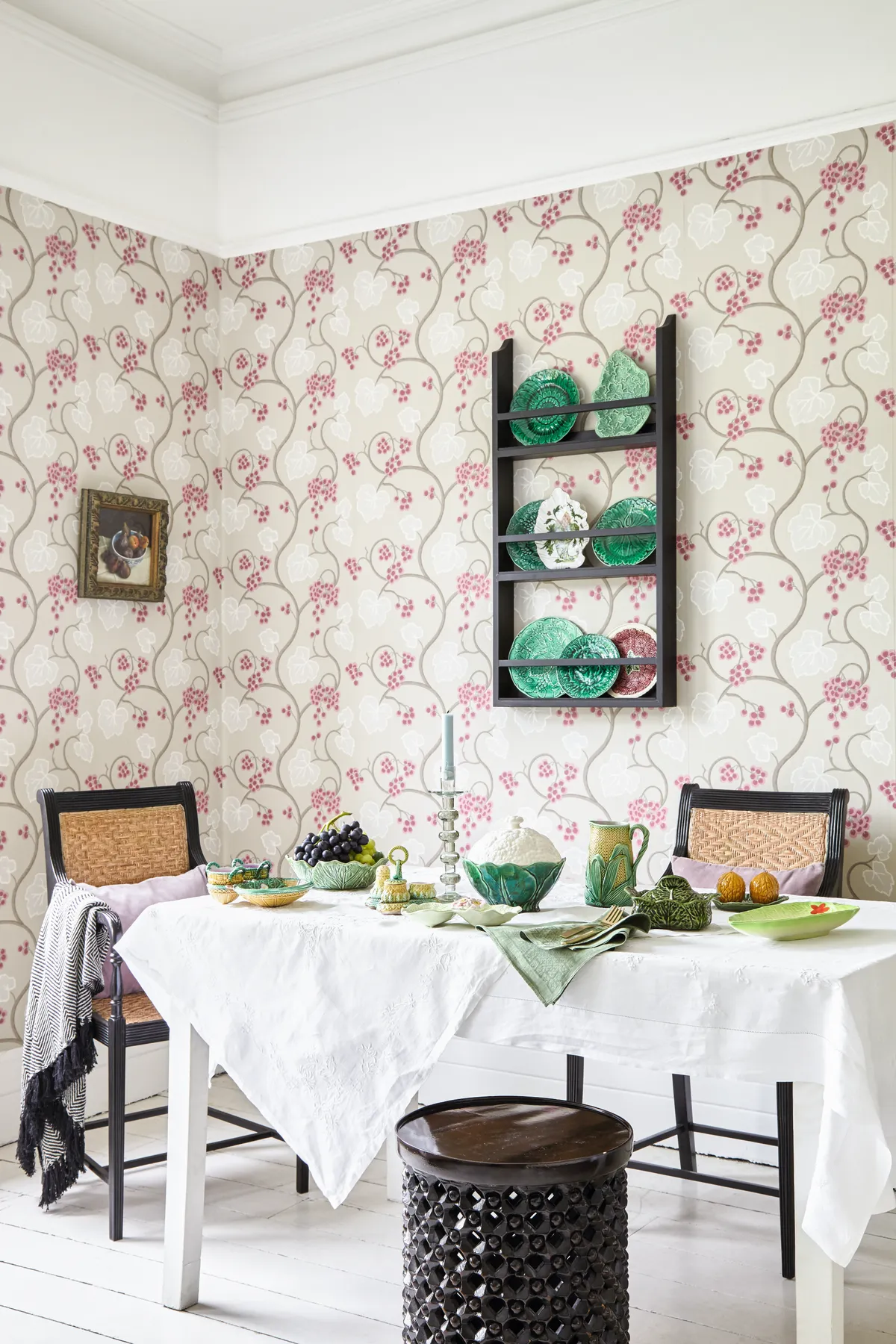 A plate rack filled with vintage pieces creates a striking focal point in the dining room. As well as being an intriguing display, it also means you have your favourite pieces close to hand for setting the table