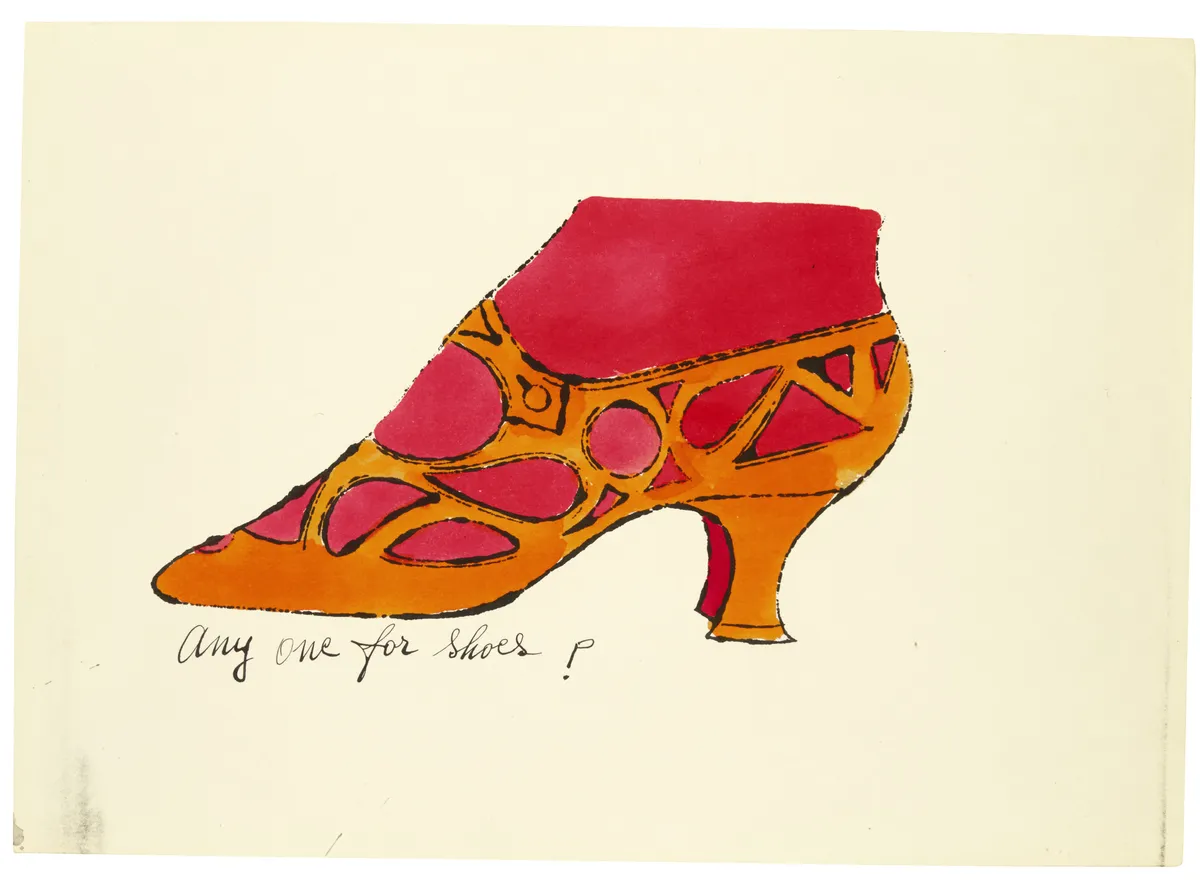 A sketch by Andy Warhol showing an orange heeled shoe