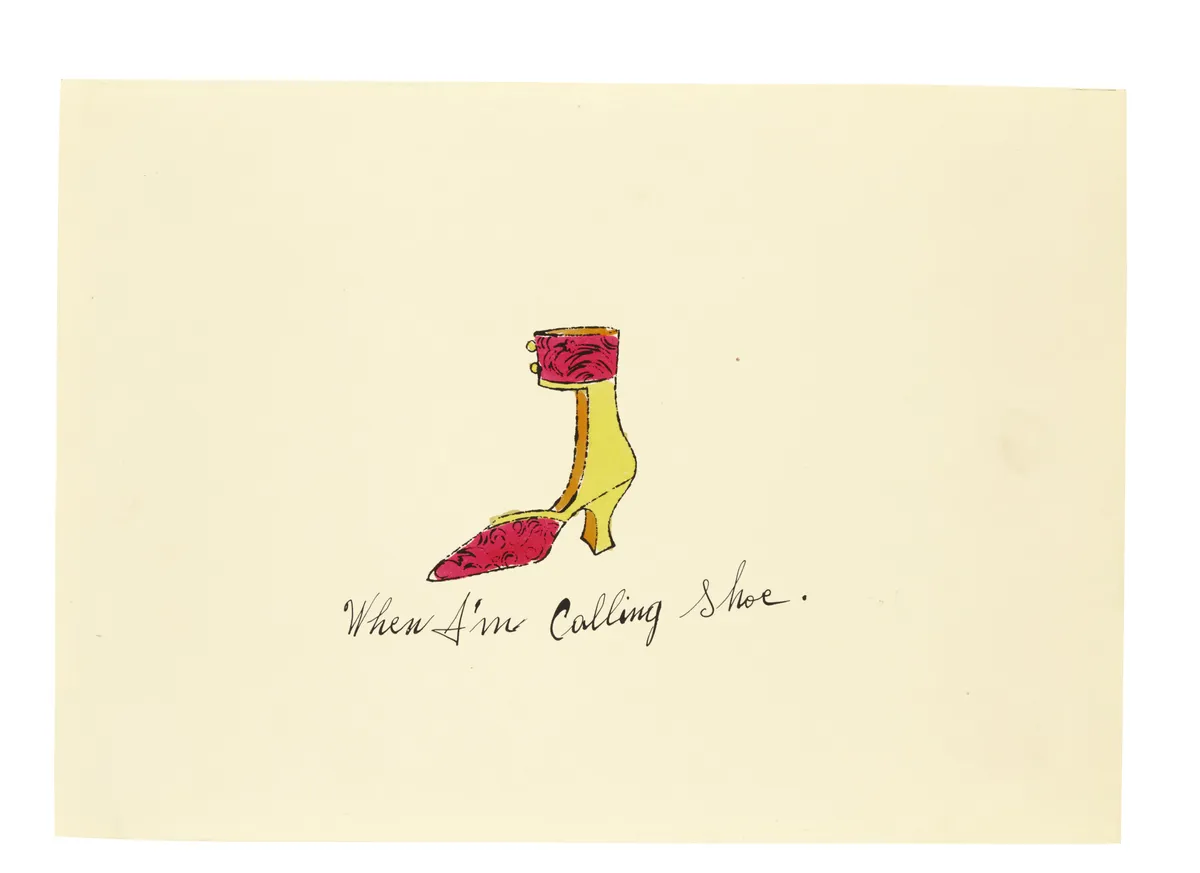 An illustration by Andy Warhol of a yellow heeled shoe with a pink cuff