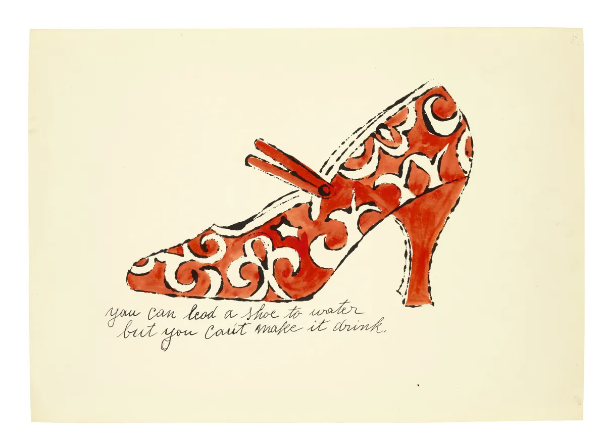 A sketch by Andy Warhol showing an orange and white heeled shoe