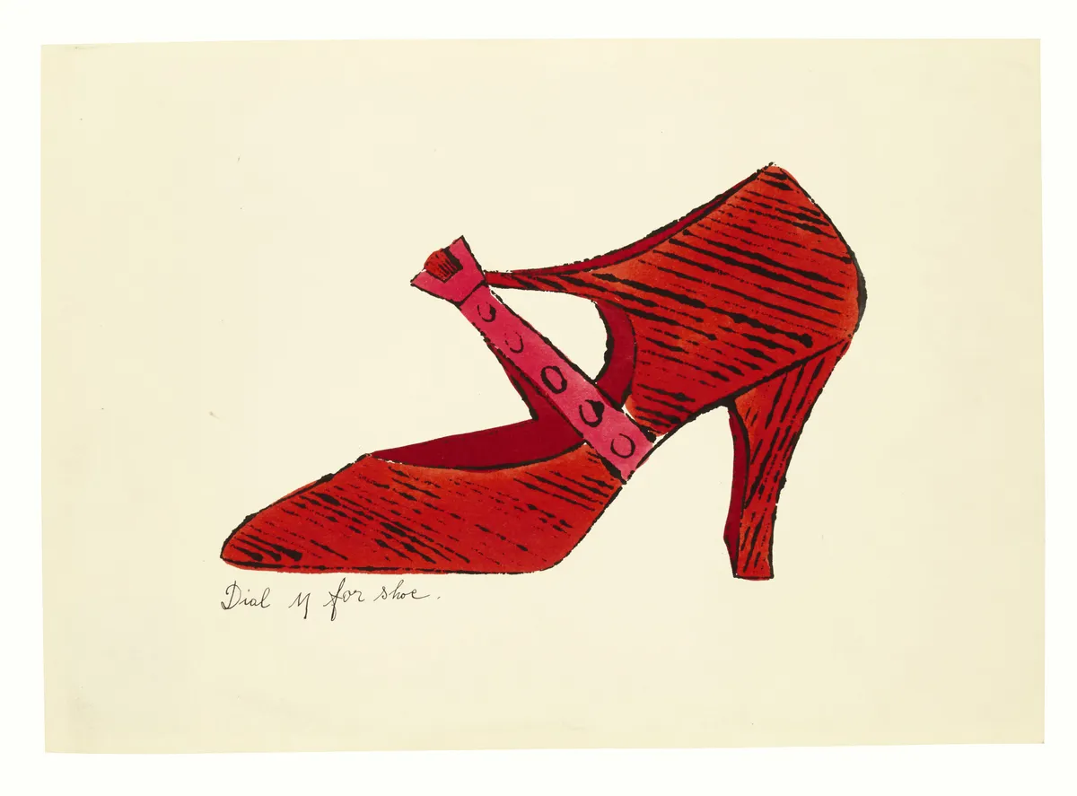 A sketch by Andy Warhol showing a red heeled shoe
