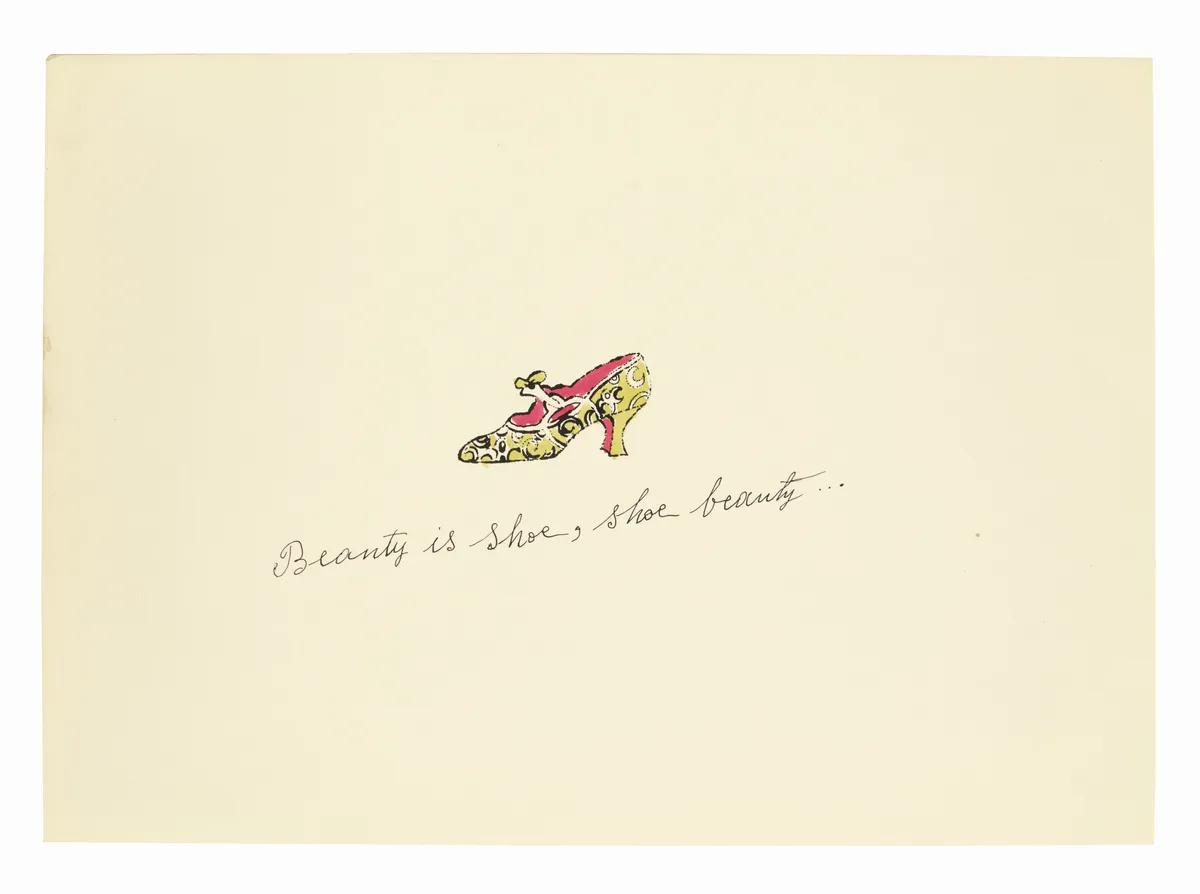 A small illustration by Andy Warhol showing a delicate yellow shoe with a pink lining